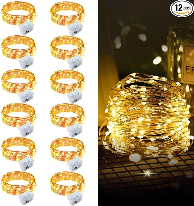 Aogist 12 Pack Fairy Lights 3 Modes 7ft 20 LED Waterproof,Battery Operated Silver Wire Firefly Starry Moon Mini String Lights for Mason Jars Christmas DIY Crafts Wedding Party Bedroom,Warm White