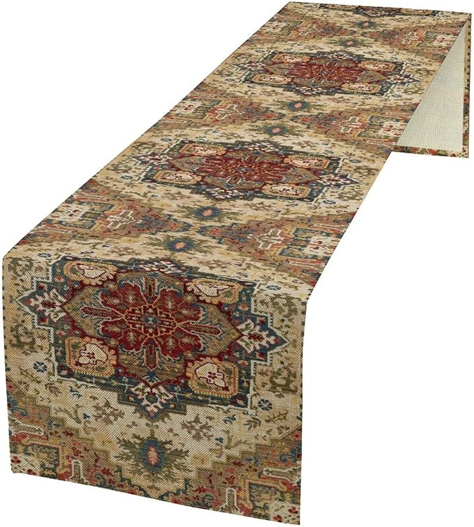 Boho Bohemia Style Table Runner, Vintage Yellow Brown Retro Flower Rustic Country Style Floral Print Pattern for Home Kitchen Table Decor Dining Coffee Room Garden Party Decor 13x90in