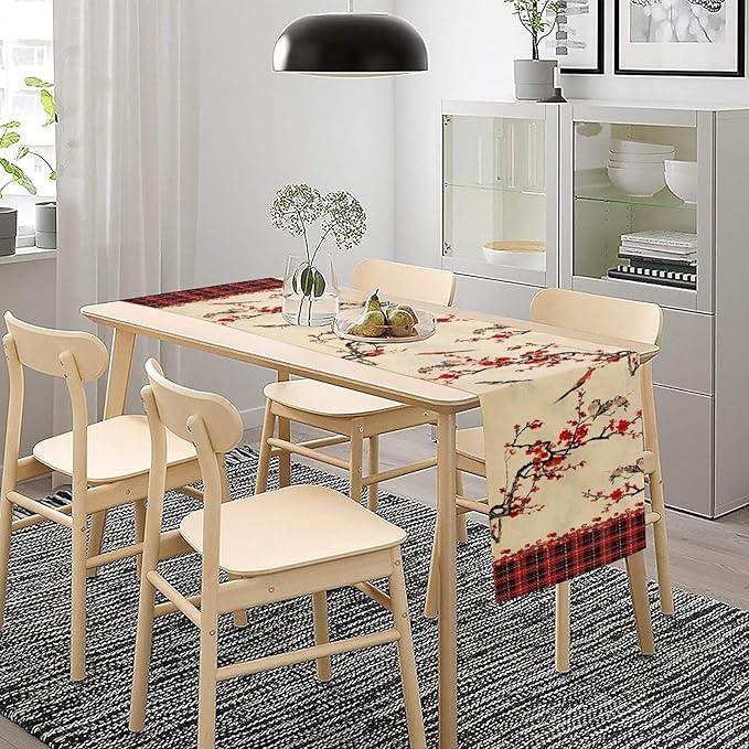 Bird Table Runner,Red Black Buffalo Plaid Blossom Seasonal Table Runner for Kitchen Dining Table Decoration Home Party Decor 13x108 Inch