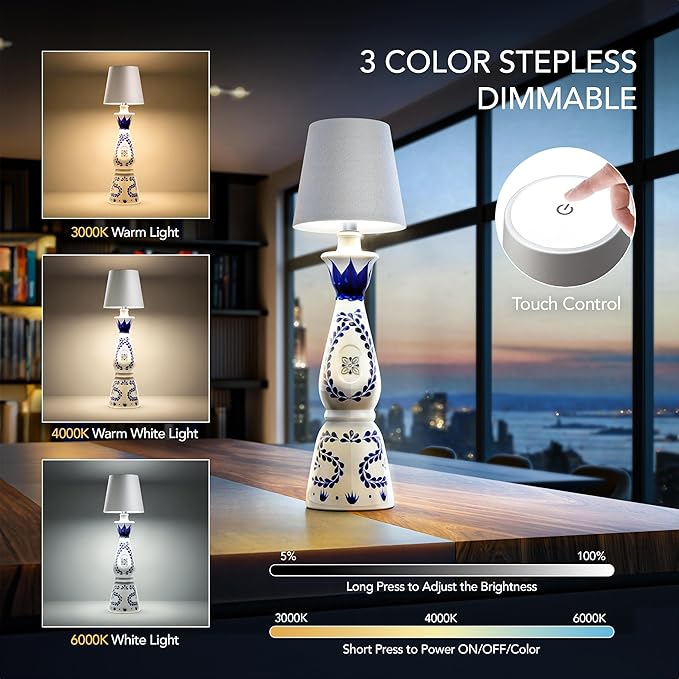 Wireless Bottle Lamp for Any Type of Bottle - LED Bottle Lamp for Indoor & Outdoor - 100% Waterproof - Adjustable Brightness and Light Temperature 3000-6000K - Wireless & Rechargeable (Gold)