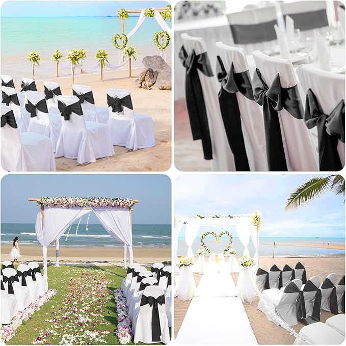 50 PCS Black Satin Chair Sashes Bows Universal Chair Ribbon Ties Back Sash for Wedding Party Reception Events Banquets Hotel Event Chair Cover Decoration (Champagne 7x108 inch)