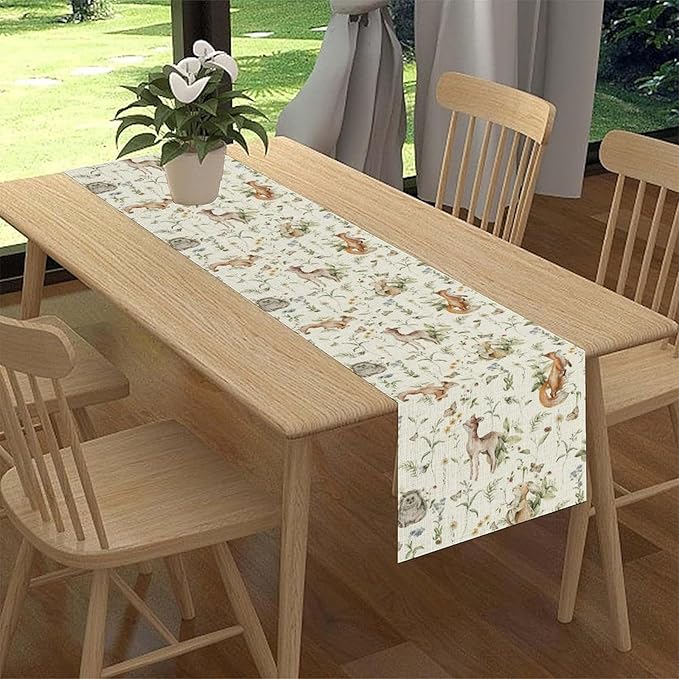 Rustic Forest Table Runner, Farmhouse Wild Woodland Animals Country Deer Fox Rabbits Watercolor Table Center Decor for Home Kitchen Dining Patio Holiday Party Outdoor Table Decorations, 13"x36" Inch