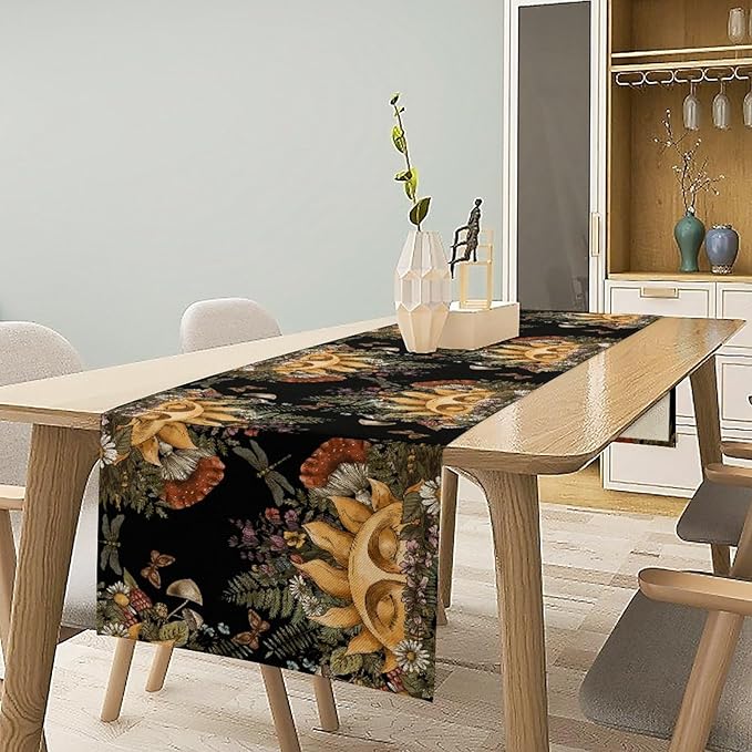 Sun Moon Table Runner, Bohomian Mushroom Daisy Table Gothic Dragonly Butterfly Table Center Decor Table Runner for Indoor Outdoor Party Kitchen Dinner Black, 13x90 Inch
