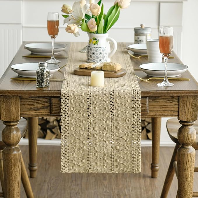 Artoid Mode Burlap Brown Farmhouse Woven Rustic Hollow Table Runner, Seasonal Holiday Hollow Kitchen Dining Table Decoration for Home Party Decor 12x48 Inch