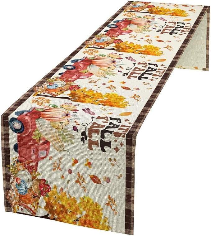 Fall Pumpkin Table Runner,Rustic Maple Yellow Leaf Trees Truncks Brown Plaid Tablecloth Burlap for Hotel Indoors Outdoor Dining Room Kitchen Home Decor,W13X L80 in