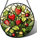 Stained Glass Window Hanging - Red Strawberry Suncatcher for Doors Window Home Green Plant Sun Catchers Decor Christmas Mother's Day Birthday Gifts for Teacher Women Men Mom Nana 11.8 in