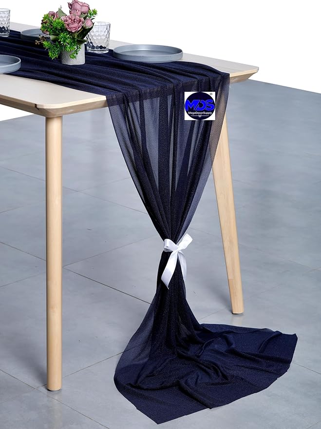 MDS 25 Pack 10ft Chiffon Table Runner 29 x 120 Inches Sheer Wedding Runner Romantic Rustic Table Runner for Wedding Decorations, Birthday Parties, Bridal Shower Party Arch Decor - Navy Blue