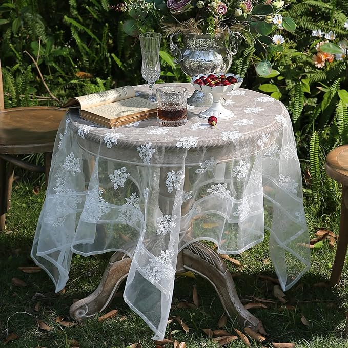 patdrea Designer White Lace Elegant Tablecloth for Rectangle Tables,Vintage Tulle French Romantic Knitted Embroidered Overlay Tablecloths Decor for Kitchen Wedding Banquet,59"*91"