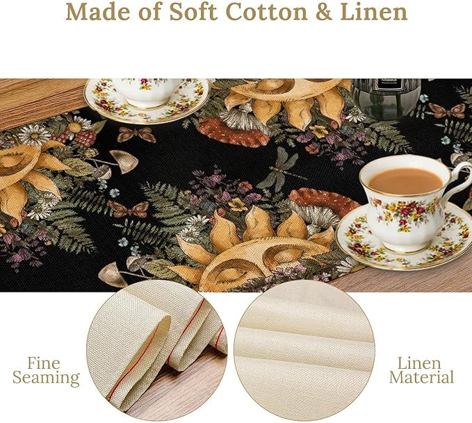 Sun Moon Table Runner, Bohomian Mushroom Daisy Table Gothic Dragonly Butterfly Table Center Decor Table Runner for Indoor Outdoor Party Kitchen Dinner Black, 13x90 Inch