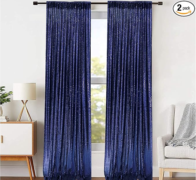 JYFLZQ Navy Blue Sequin Backdrop Curtains 2ft x 8ft 2 Panel Glitter Photo Booth Backdrops Sparkly Photography Background Drapes for Parties Wedding Bridal Showers