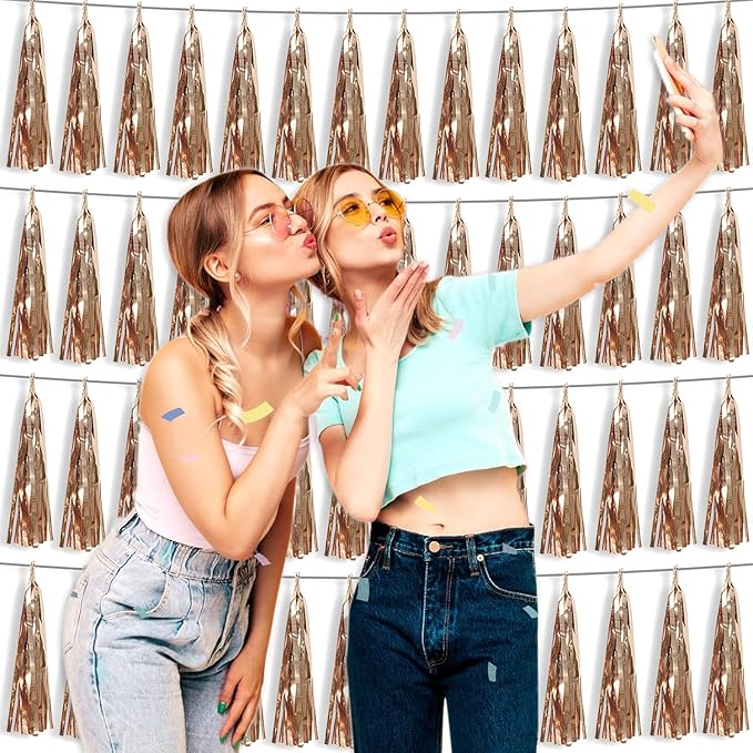 4P Champagne Gold Foil Fringe Tassel Banner Garland Metallic Tinsel Streamers Wall Hanging Curtain Backdrop Banner for Parade Floats, 2024 Graduation Decorations, Wedding Party Decoration