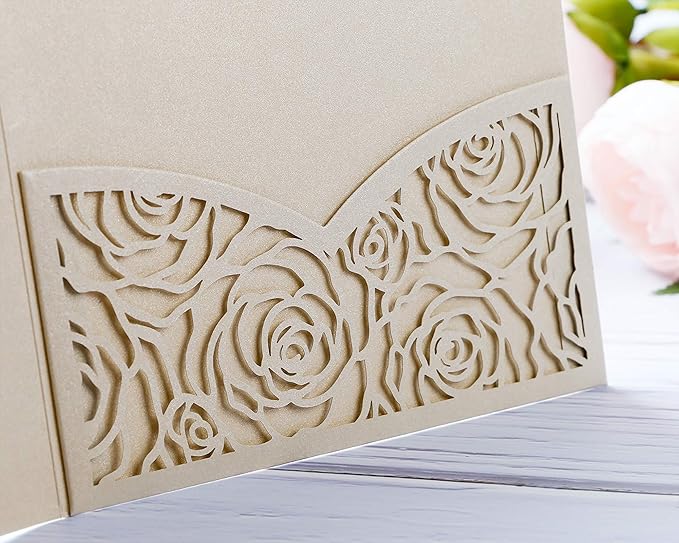 20 Pcs Laser Cut Wedding Invitations Card Pocket with Envelope for Birthday Party Baby or Bride Shower Invite suitable for 5 * 7 Inches Insert Paper (Champagne)