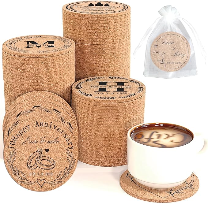 Custom Coasters Personalized Cork Coasters Bulk with Logo Wedding Personalized Cork Natural Wood Engraved Drink for Wedding Favors (Cork Coasters - Circle)
