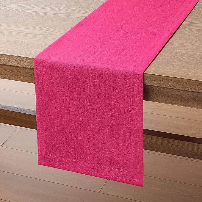 ZeeMart Linen Textured Border Table Runner, 14 x 36 Inch Hot Pink, Farmhouse Style Pink Table Runners 36 Inches Long, Easy Care Everyday Polyester Table Runner
