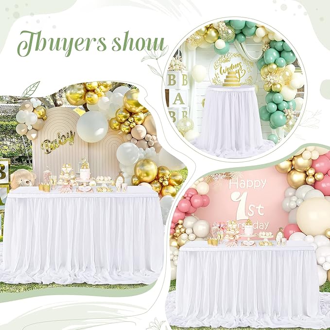 White Table Skirt for Rectangle Tables 14FT Chiffon Sheer Tablecloth for Birthday Party Sweetheart Cake Table Decoration