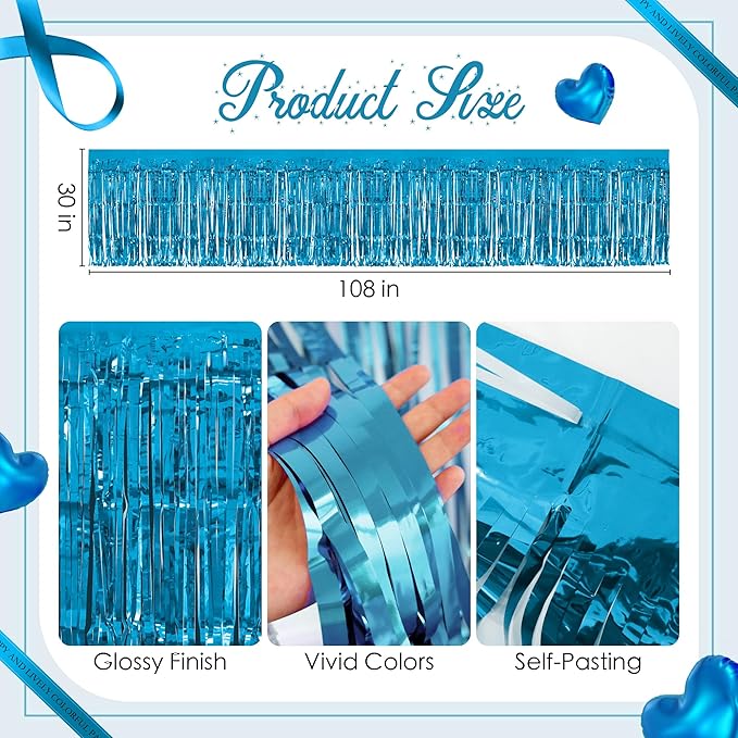 2 Pack Lake Blue Table Skirts, 29x108" Metallic Foil Tinsel Fringe Table Skirts for Rectangle Tables Streamer Curtains Backdrop, Party Decorations for Birthdays Weddings Holidays