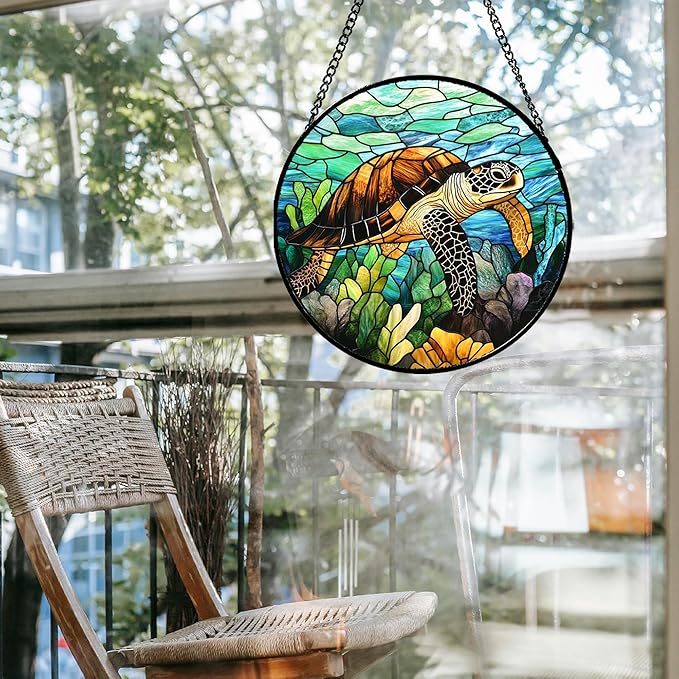 Stained Glass Window Hanging - Cute Sea Turtle Suncatcher for Door Garden Yard Blue Ocean Sun Catchers Decor Christmas Mother's Day Birthday Children's Gifts for Women Mom Nana Friend 11.8 in