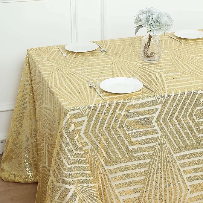Efavormart 90"X132" Gold Sparkly Sequin Geometric Tulle Rectangular Tablecloth