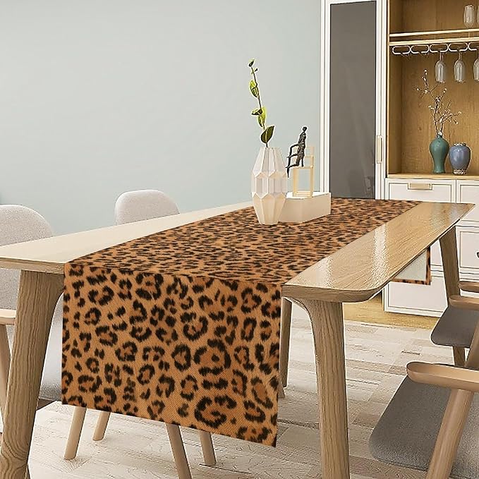 Leopard Print Table Runner Wildlife Vintage Cheetah Fur Spot Animal Skin Spots Pattern Table Cloth for Garden Farmhouse Wedding Party Vacation Dinner Home Decoration, 13x90 Inch