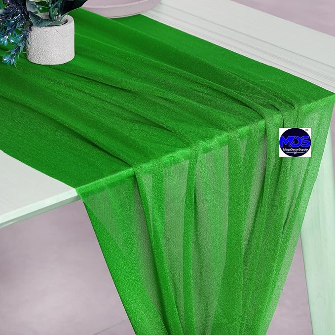MDS 5 Pack 10ft Chiffon Table Runner 29 x 120 Inches Sheer Wedding Runner Romantic Rustic Table Runner for Wedding Decorations, Birthday Parties, Bridal Shower Party Arch Decor - Green