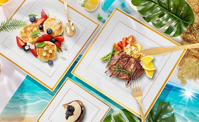 Festiva 350Pcs Gold Plastic Plates - Disposable Square Gold Plates Dinnerware set include 9.5"/6" Plates,Cups,Plastic Cutlery,Hand Napkins Perfect for 50 guests Party&Wedding&Birthday