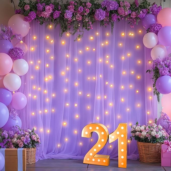 10x10ft Lavender Tulle Backdrop Curtains with Lights for Party Wedding Baby Shower, Sheer Wrinkle Free Backdrop Curtains for Birthday Party Photo Booth Background Decoration