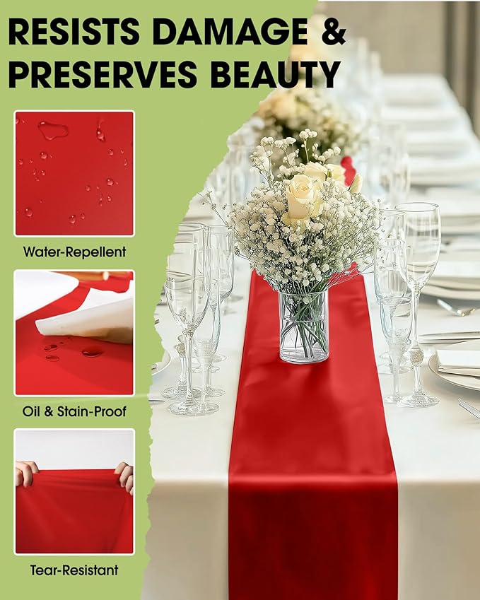 Pureegg Red Plastic Table Runners - 20 Pack, 14'' x 108'', Water Resistant & Disposable Centerpiece Decorations for Table Cloth, Wedding, Birthday, Holiday, Baby Shower, Party, Home Decor