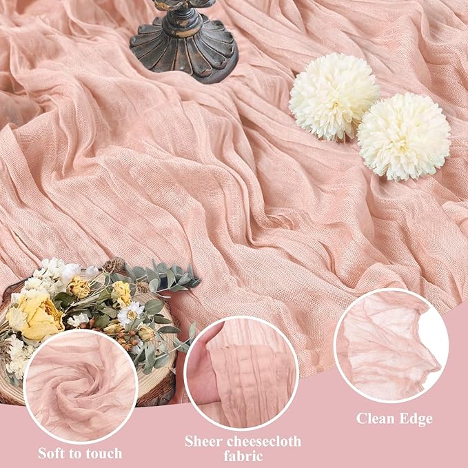 Asee'm 12pcs Cheesecloth Table Runner 120 Inches Dusty Pink Boho Gauze Cheese Cloth Runner 10FT Rustic Sheer Table Runners for Summer Wedding Baby Shower Holiday Party Decoration
