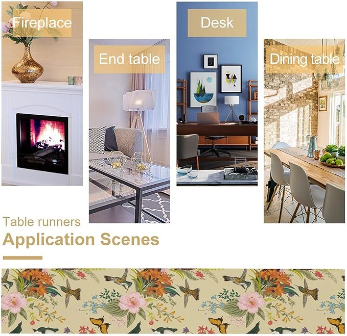 Brown Bird Floral Table Runner Spring Flower Kitchen Table Decoration Suitable for Family Dinner Decoration 13x108 Inch
