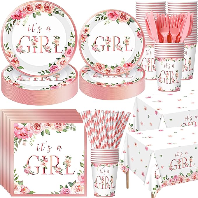 452 Pcs Pink Floral Baby Shower Party Supplies Include It's a Girl Baby Shower Paper Plates Cups Napkins Tablecloth Cutlery Straws for Pink Flower Girl Gender Reveal Birthday Party