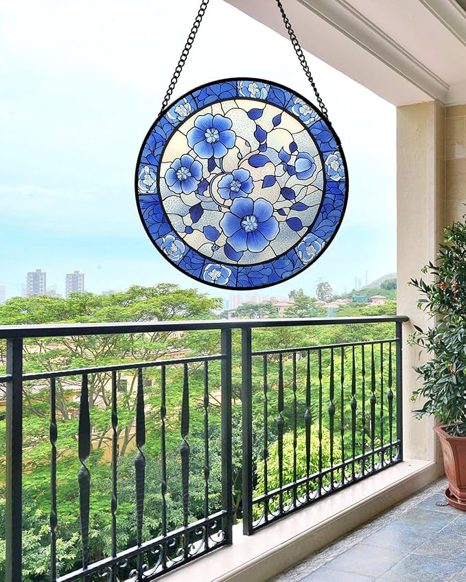Stained Glass Window Hanging, Blue and White Plum Blossom Sun Catcher for Door Home Decor Flowers Suncatcher Christmas Mother's Day Birthday Gifts for Women Men Mom and Nana 7.8 in