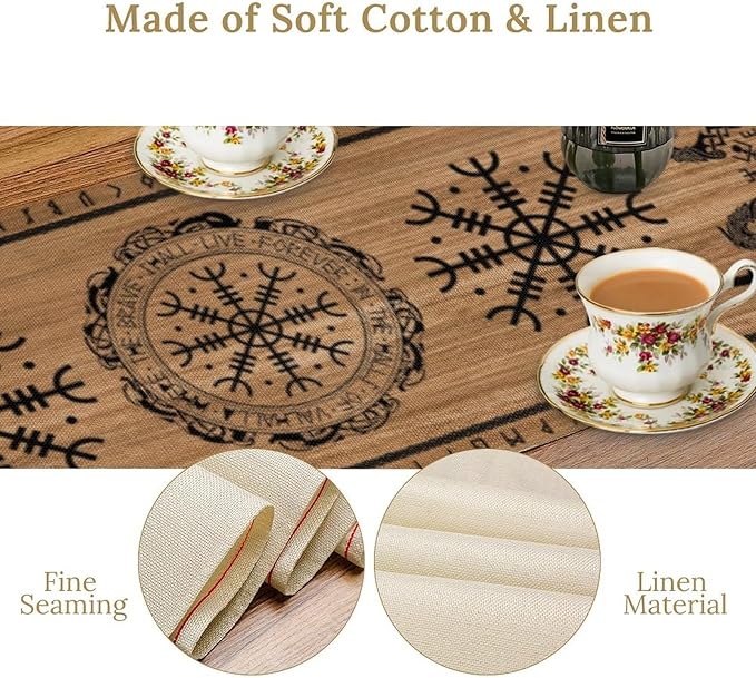 Viking Tree of Life Table Runner, Wooden Printed Eagle Dragon Boat Rudder Seasonal Kitchen Dining Table Decoration for Home Party 13x70 Inch