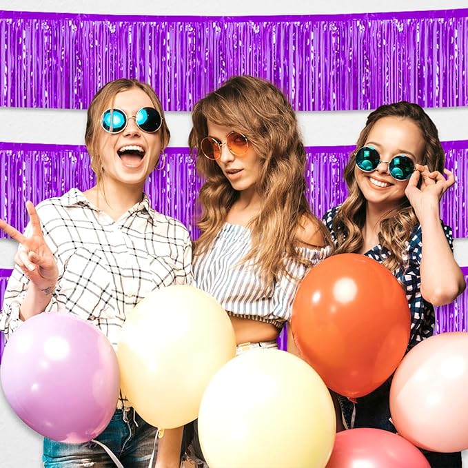 4 Pack 10 Feet Purple Foil Fringe Garland Metallic Tinsel Streamers Banner Wall Hanging Curtain Backdrop for Parade Floats, Wedding, Graduate, Mother's Day, Birthday Party Decoration