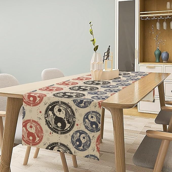 Yin Yang Table Runner, Vintage Mid Century Traditional Oriental Koi Fish Mystical Celestial Moon Stars Print Table Runner for Kitchen Dining Table Party Decor, 13x120inch