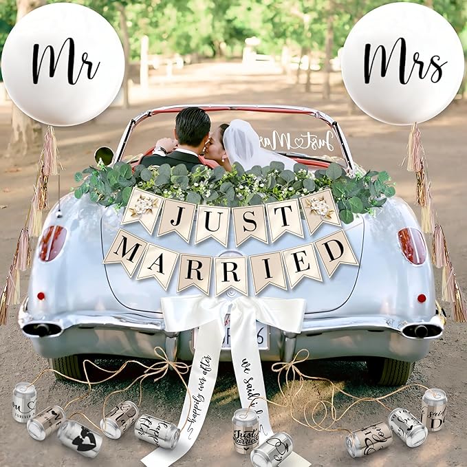 33 Pc Just Married Car Decorations – Wedding Reception & Ceremony Decor – Banners, Stickers & Balloons – Elegant Reusable Wedding Car Kit – Weather-Resistant & Easy to Apply – No Residue