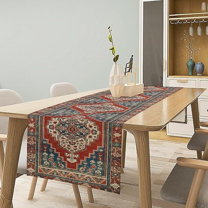 Boho Floral Vintage Table Runner, Red Blue Retro Flower Rustic Country Farmhouse Pattern for Home Kitchen Table Decor Dining Coffee Room Party Decor 13x36in