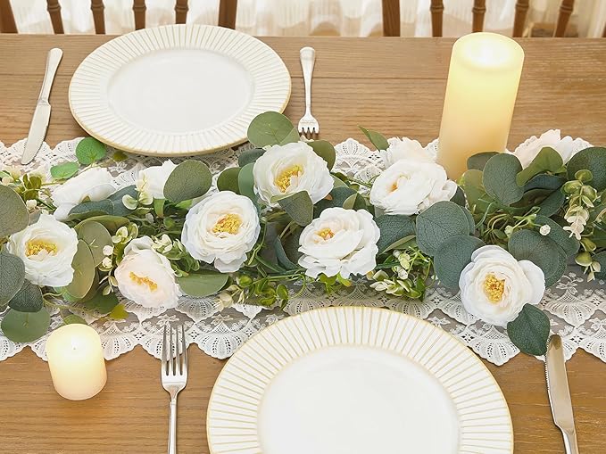 2 Pack 12Ft Artificial Eucalyptus Flower Garland with White Roses, Fake Flowers Greenery Garland Flower Vines for Wedding Party Mantle Table Runner Spring Summer Home Decor (2PCS,White
