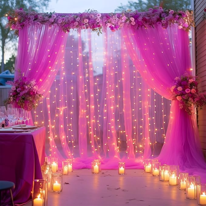 10×10ft Hot Pink Tulle Backdrop Curtain with Lights String for Parties, Sheer Photo Backdrop Curtains for Wedding Party Photography Background