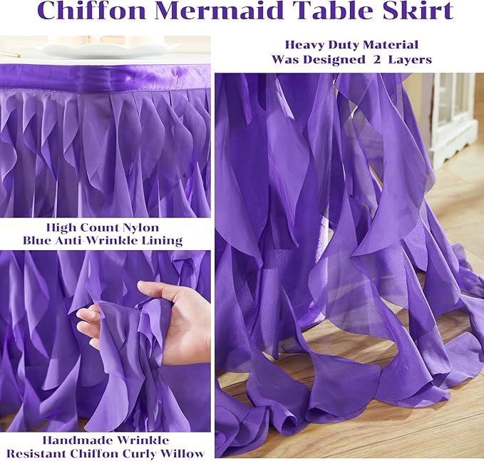 Partisky Mermaid Purple Tulle Curly Willow Table Skirt for Rectangle Table 17ft, Ruffle Tutu Table Cloth for Girls Boys Baby Shower,Mermaid Birthday Party