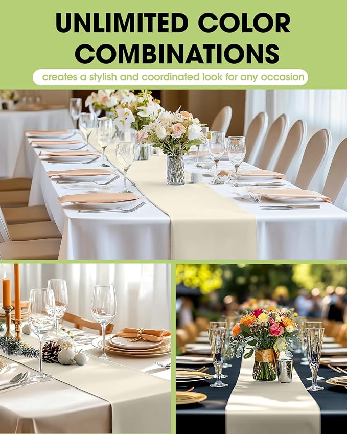 Pureegg Ivory Plastic Table Runners - 10 Pack, 14'' x 108'', Water Resistant & Disposable Cream Centerpiece Decorations for Table Cloth, Wedding, Birthday, Holiday, Baby Shower, Beige Home Decor