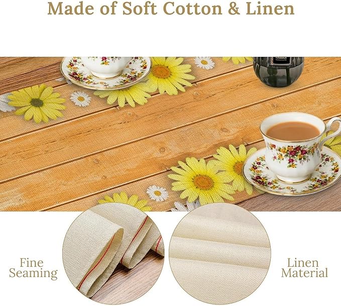 Farmhouse Floral Table Runner, Spring Seasonal Yellow Daisy Sunflower Retro Wooden Country Table Center Decor for Home Kitchen Dining Patio Holiday Party Table Decorations, 13"x36" Inch