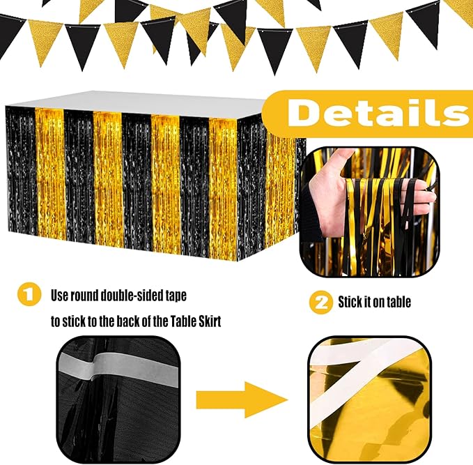 4 Pack 29x108 Inch Metallic Foil Fringe Tinsel Table Skirts for Rectangle Tables Streamer Backdrop for Wedding, Birthday, Parade Floats, Christmas, Halloween Party Decoration(Black Gold)