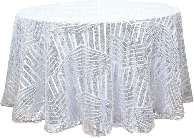 Efavormart 120" Silver Sparkly Sequin Geometric Tulle Round Tablecloth