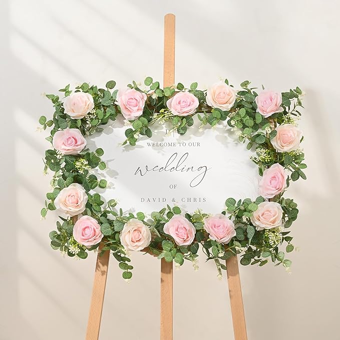 Dolicer 2Pcs 13Ft Artificial Eucalyptus Garlands with Flowers - 8 Roses, Faux Floral Greenery Garlands Fake Flowers Vines for Wedding Table Centerpieces Arch Party Ceremony Backdrop Decor (Pink)
