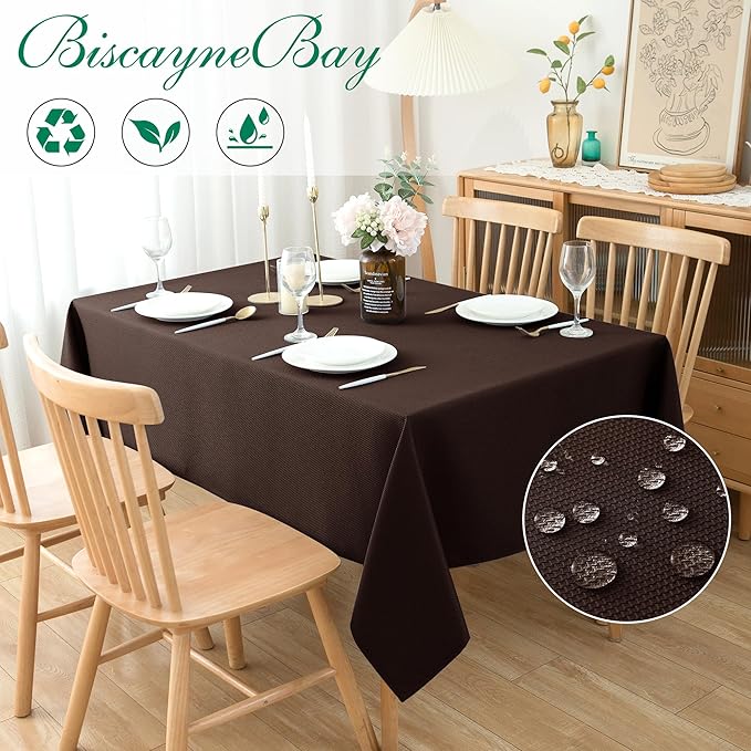 Biscaynebay Textured Fabric Tablecloths 70x108 Inches Rectangular, Brown Water Resistant Tablecloths for Dining, Kitchen, Wedding and Parties etc. Machine Washable