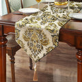 13x108 inch Exquisite Gold Floral Jacquard Table Runner Thick Beige Chenille with Elegant Tassels
