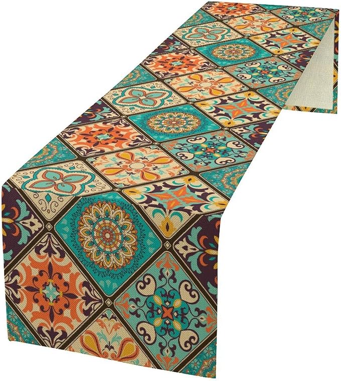 Bohemian Patchwork Table Runnerboho Colorful Tile Patchwork Indian Floral Print Table Runner for Home Kitchen Indoor Outdoor Party Wedding Decor, 13x90inch