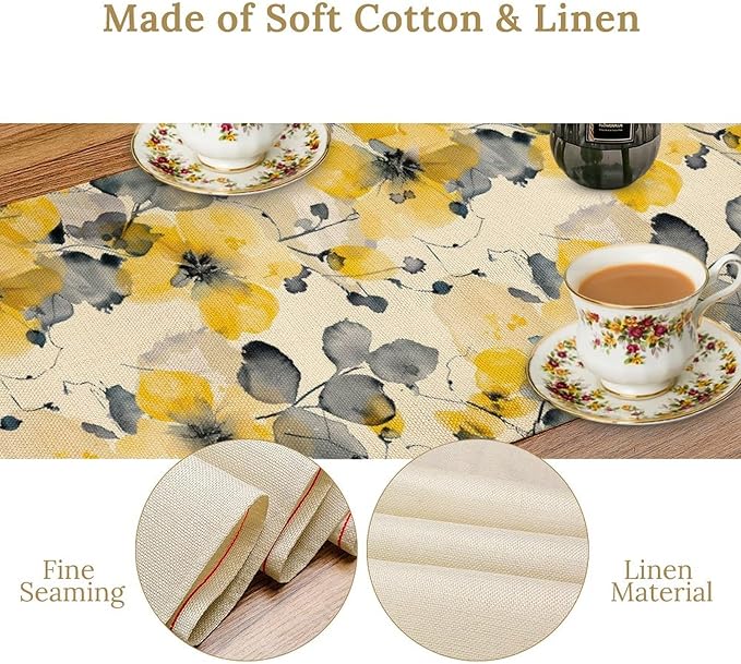 Floral Table Runner,Yellow Flowers Spring Print Table Cloth Kitchen Dining Table Home Party Decoration 13x90 Inch