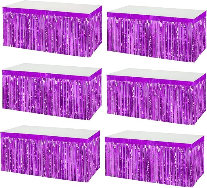 6 Pack 29x108 Inch Metallic Foil Fringe Tinsel Table Skirts Banner for Rectangle Tables Streamer Garland Curtains Backdrop for Wedding, Birthday, Parade Floats, Halloween Party Decoration(Purple)