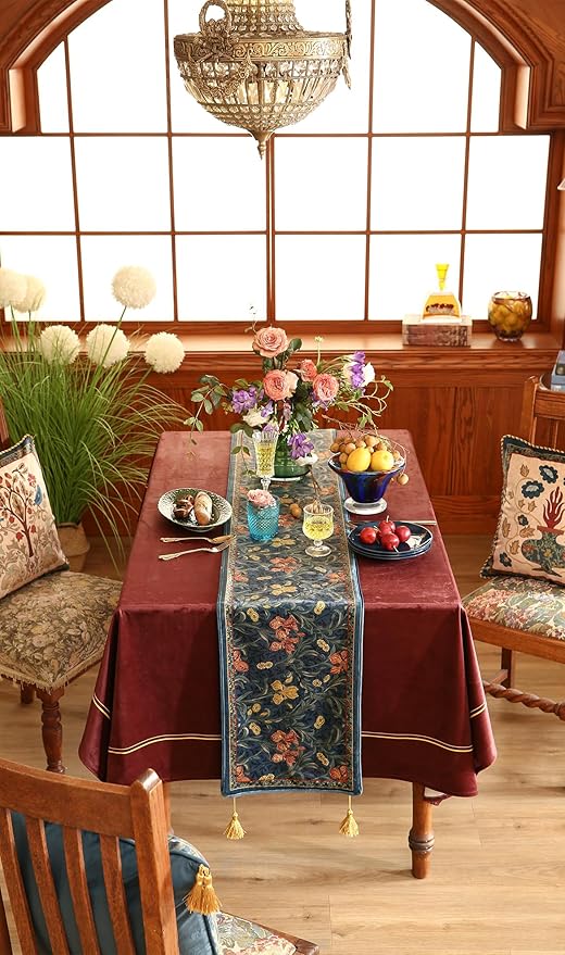 patdrea Designer Casual Wild Floral Velvet Table Runner 71 Inch Long, Dark Blue Occult Bouquets Pattern Table Mat, Decoration for Kitchen Dining Coffee Table Cabinet Banquet Thanksgiving,12"*71"